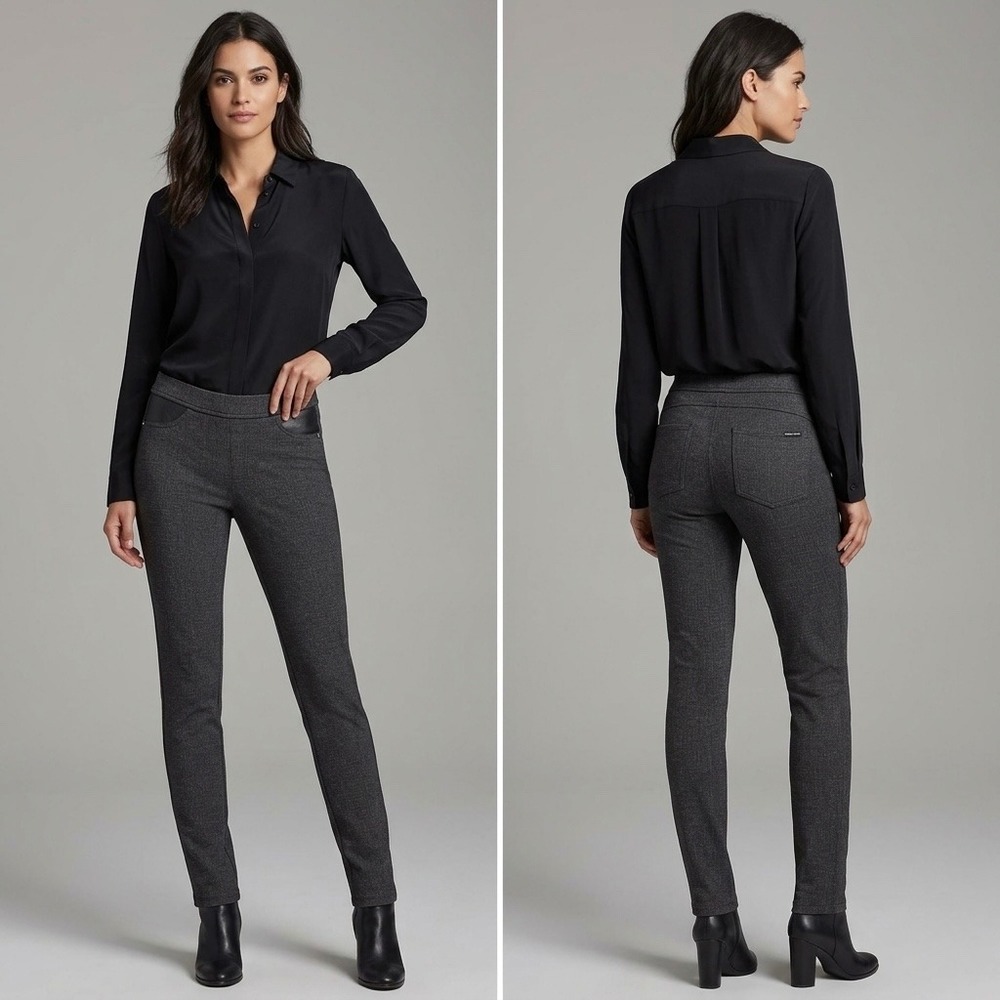 DKNY Jeans Womens XS Charcoal Gray Faux‎ Leather Trim Pull On Leggings Pants
